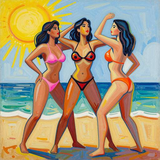 Digital painting of three women in brightly colored bikinis, posing on a sunny beach with the sun in the background.