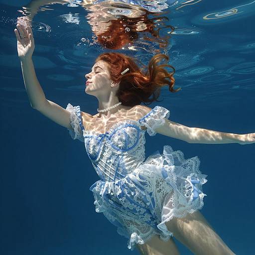 Underwater Woman in Blue and White Lace Dress