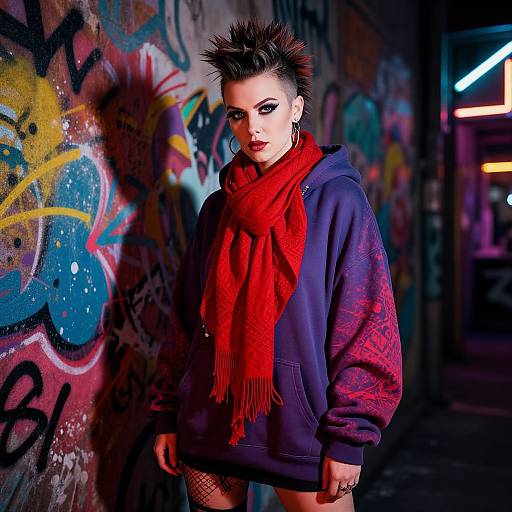 Graffiti-laden alley photograph of a punk-styled woman with spiked black hair, red scarf, navy hoodie, and fishnet stockings, standing