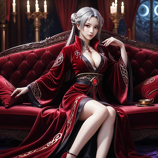 Seductive Arcane Elementalist on Velvet Sofa