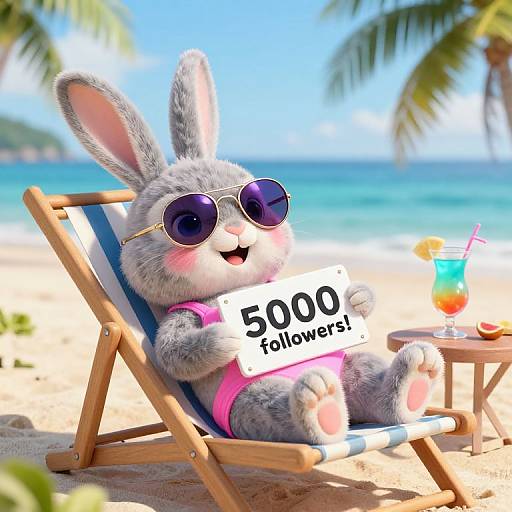 Cute CGI bunny in pink swimsuit, sunglasses, holding 