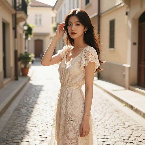 Elegant Woman in Sunlit Alley