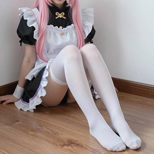 Pastel Maid Sitting on Wooden Floor