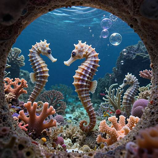 Photograph of two vibrant, striped seahorses facing each other, surrounded by colorful coral and sea anemones, viewed through a dark, circular