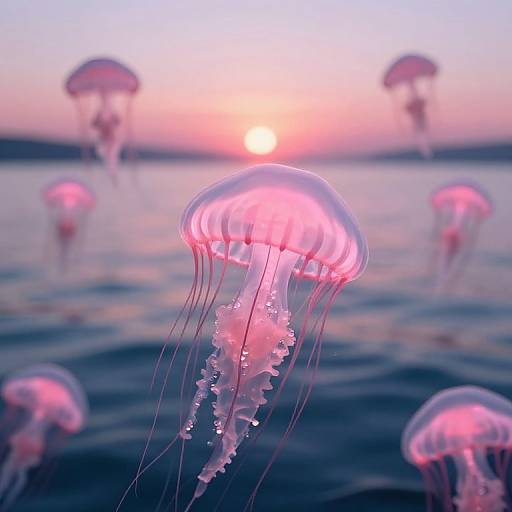 Photorealistic digital image of glowing pink jellyfish floating in a serene ocean during sunset, with a pink and orange sky backdrop.