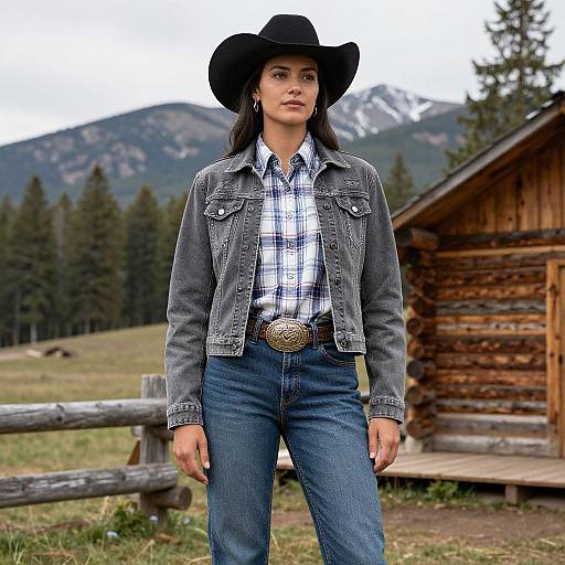 Photograph of a young woman in a black cowboy hat, denim jacket, plaid shirt, and blue jeans, standing in front of a log cabin