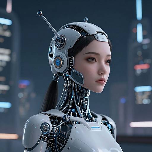 CGI image of a beautiful Asian woman with cybernetic headgear and exposed mechanical neck, set against a futuristic cityscape at night.