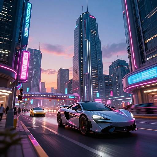 Neon-lit futuristic cityscape at dusk, featuring a sleek, white sports car with glowing headlights driving on a busy street, surrounded by towering skys