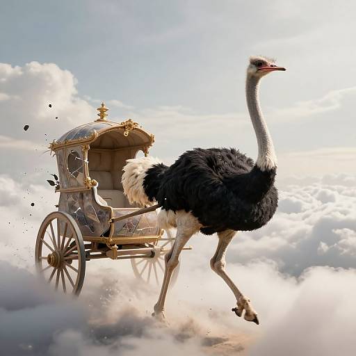 Photograph of an ostrich with black and white feathers, standing on a golden, ornate, Victorian-style carriage floating in the sky among fluffy clouds