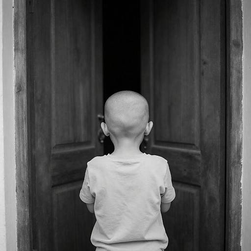 Bald Child at Dark Wooden Door
