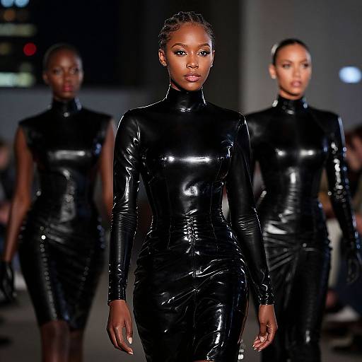 Photograph of three Black women modeling on a runway in shiny black latex dresses, with focused lighting highlighting their sleek, reflective outfits.