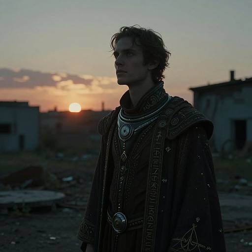 Photograph of a dark-haired, serious young man in medieval-style clothing, with intricate necklaces and a detailed cape, standing at sunset in a dil