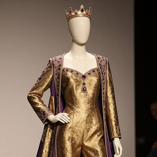 Photograph of a faceless mannequin wearing a gold, textured, medieval-style dress with purple trim, a jeweled bodice, and a
