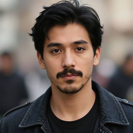 Photograph of a young Asian man with black, slightly tousled hair, mustache, and goatee, wearing a black denim jacket over a black