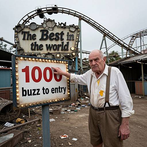 Photograph of an elderly bald man with a yellow stain on his white shirt, wearing brown suspenders, standing in front of a sign reading 