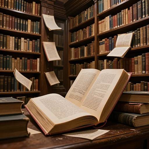 Photograph of an open magical book on a wooden table, surrounded by floating pages and stacked books in a dimly lit library.