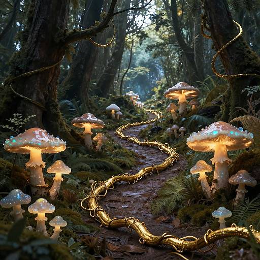 Dreamy Forest Path with Opaline Mushrooms