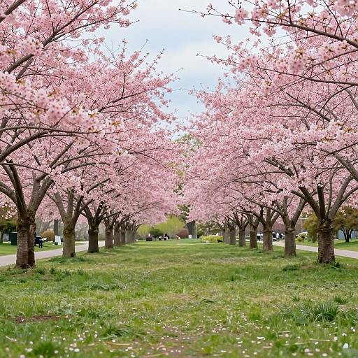 Photograph of a park pathway lined with cherry blossom trees in full pink bloom, green grass, and a clear blue sky.