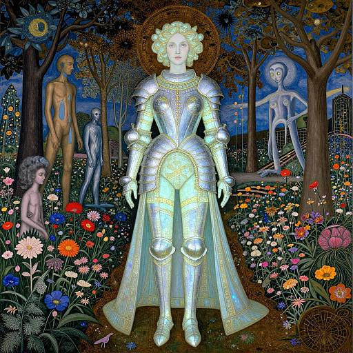 Digital painting of a radiant, armored woman with glowing silver armor in a vibrant, mystical forest with surreal, nude figures and colorful flowers.