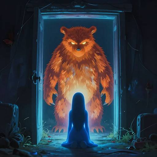 Digital illustration: Silhouetted figure with glowing blue aura faces fiery, menacing bear with glowing eyes in a dark, eerie doorway.
