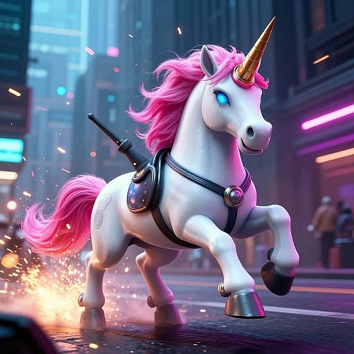 Digital art: Neon-lit city street scene with a white unicorn with pink mane and horn, wearing a harness, running and sparking on the wet pavement