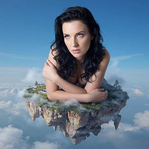 Digital artwork of a pale-skinned, black-haired woman with piercing green eyes, topless, leaning on a floating cliff island with a small house and