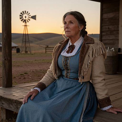 Photograph of an older white woman in a blue dress and fringed jacket, seated on a wooden porch at sunset, with a windmill in the