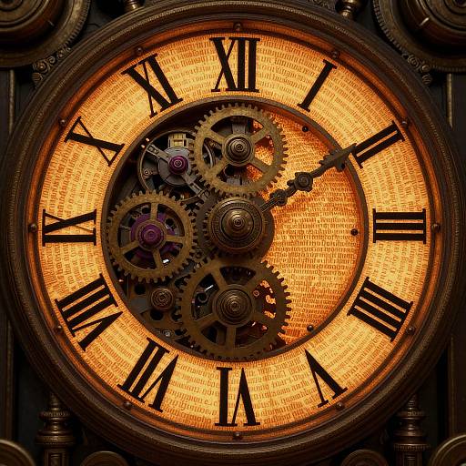Steampunk-style clock photograph showcasing brass gears, glowing orange Roman numerals, intricate mechanical details, and a warm, luminescent face.