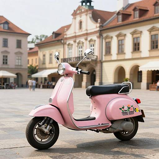 Photograph of a pink vintage Vespa scooter with floral decals parked in a sunlit, historic European town square with colorful, old buildings.