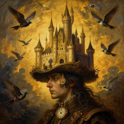 Digital painting: A man with long dark hair and ornate earrings wears a hat with a golden castle, surrounded by flying birds, against a dramatic yellow