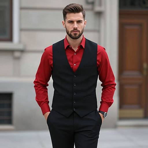 Photograph of a handsome, bearded man with short brown hair, wearing a red shirt, black vest, and black pants, standing confidently with hands