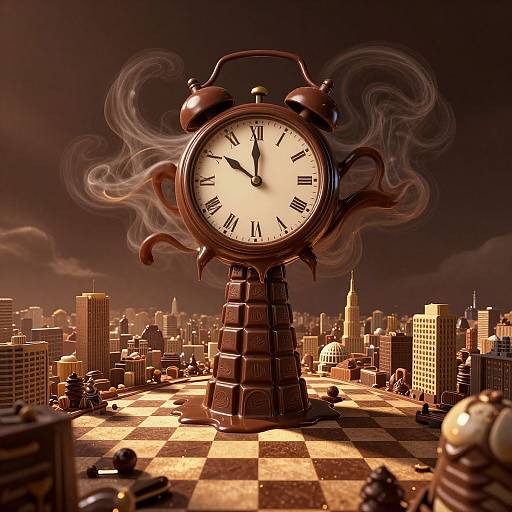 Photorealistic digital art of a giant, smoke-emitting alarm clock standing in a giant chessboard cityscape with skyscrapers and chess pieces.