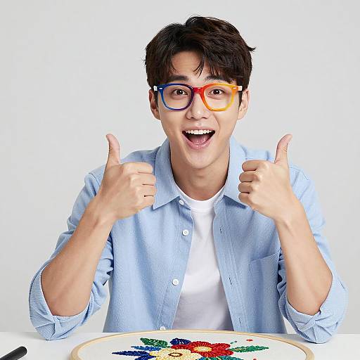 Colorful Embroidery Project with Smiling Model