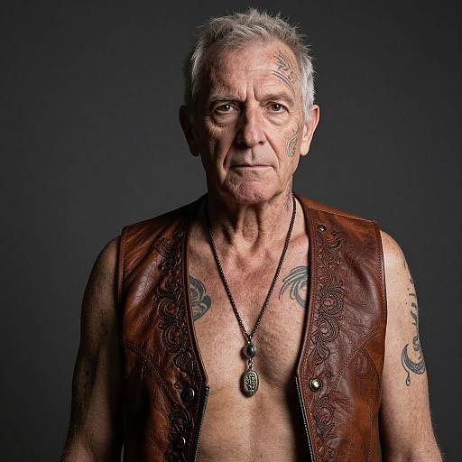 Photograph of an elderly white man with gray hair, wearing a brown leather vest, exposed chest, tattoos, and a pendant, against a dark background