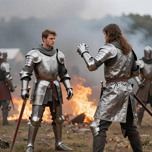 Two Medieval Warriors on Fiery Battlefield