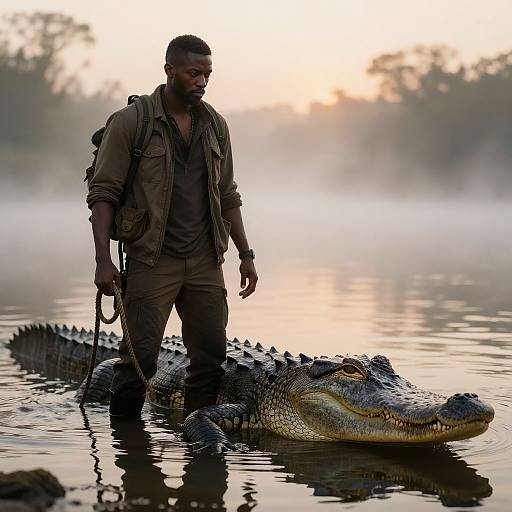Photograph: Silhouetted African man in olive gear standing in water beside large crocodile at dawn, misty background, calm water reflections.