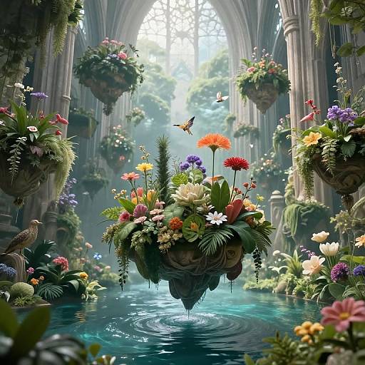 Digital artwork of a floating floral arrangement in a sunlit, Gothic-style cathedral, with hanging planters, birds, and a serene water reflection.
