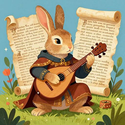 Illustration of a brown rabbit in a medieval cloak playing a lute, standing on grass with scroll texts and flowers.