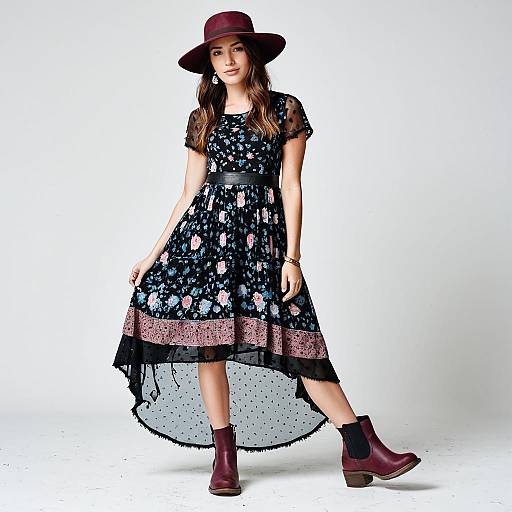 Photograph of a young woman in a black floral lace dress, maroon hat, and brown ankle boots, standing against a white background.