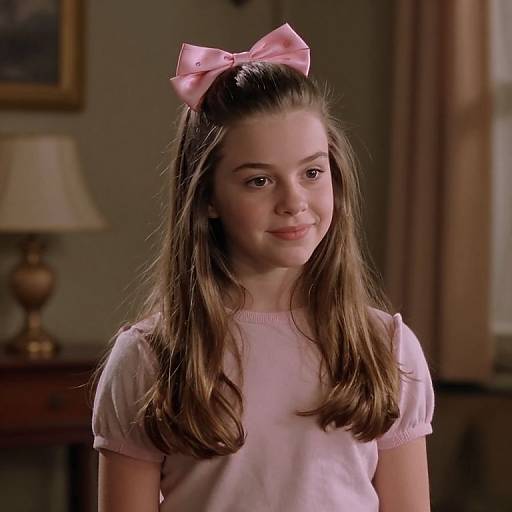 Photograph of a young girl with long brown hair, wearing a pink bow and pink shirt, smiling in a softly lit room.