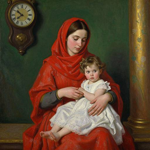 Digital painting of a mother in a red shawl and dress, cradling a chubby, fair-skinned baby in a white dress, with a