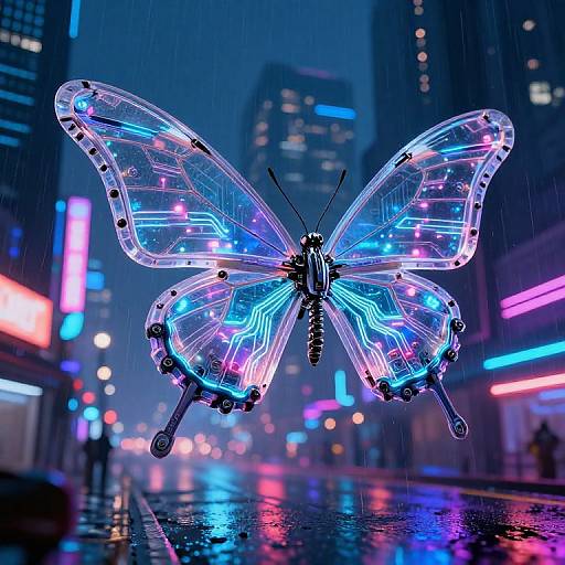 Photograph of a neon, glowing butterfly with blue and purple LED lights, hovering in a futuristic, rain-soaked city street at night.