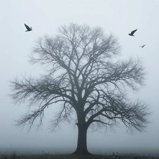 Silhouetted, leafless tree with sprawling branches stands against a foggy, pale blue background; two birds fly overhead in a minimalist digital artwork