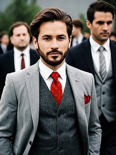 Confident Man in Grey Suit with Red Necktie
