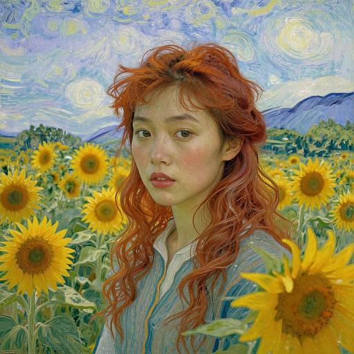 Photorealistic digital painting of a red-haired Asian woman with wavy hair, wearing a blue shirt, amidst a vibrant sunflower field under a swirling