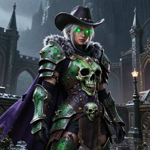 Digital art of a female warrior with glowing green eyes, black hat, green armor, skull motifs, and purple cape, standing in a rainy, Gothic
