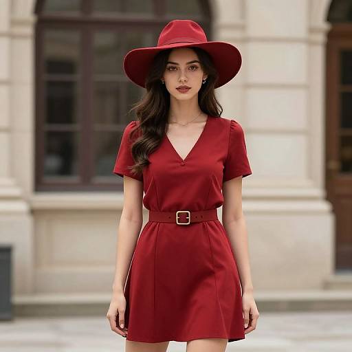 Photograph of a young woman with long dark hair, wearing a red V-neck dress, belted at the waist, and a wide-brimmed