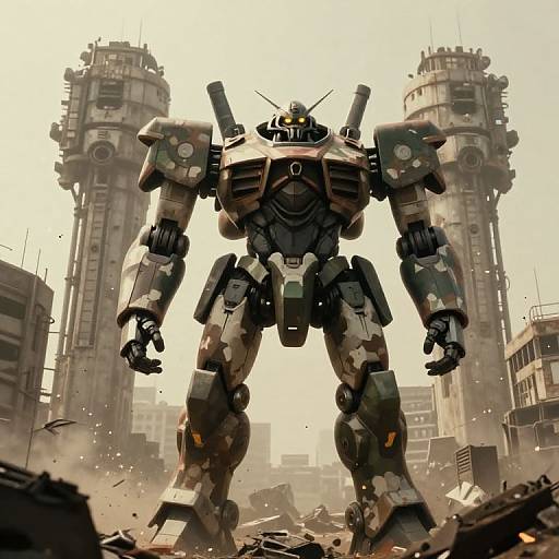 Futuristic Mecha in Dystopian Urban Warzone