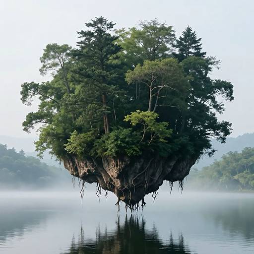 Photograph of a lush, tree-covered floating island with hanging roots, suspended above a calm, mist-covered lake, reflecting the island's greenery.
