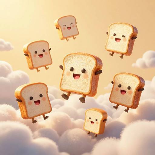 CGI illustration of six cheerful, animated slices of toast with cute faces, floating in a bright, cloudy sky at sunset.